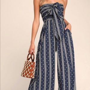 Raine Washed Navy Blue Print Strapless Jumpsuit